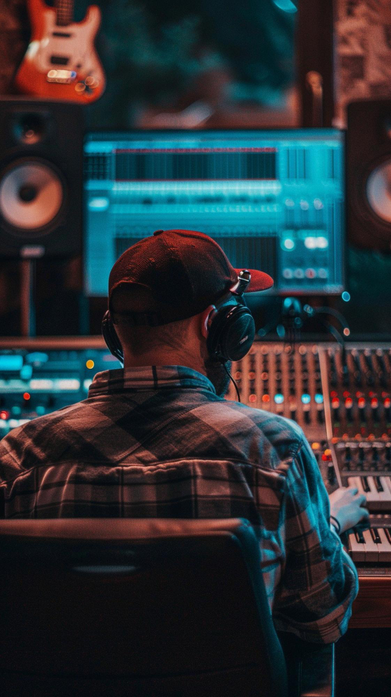 Hombre de espalda en estudio de música